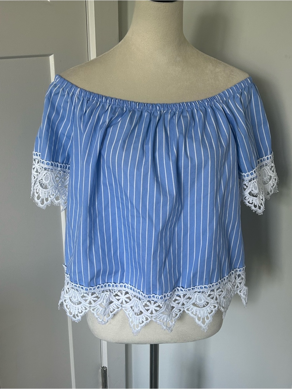 Ambiance Blue & White Striped Off-Shoulder Top with Lace Trim